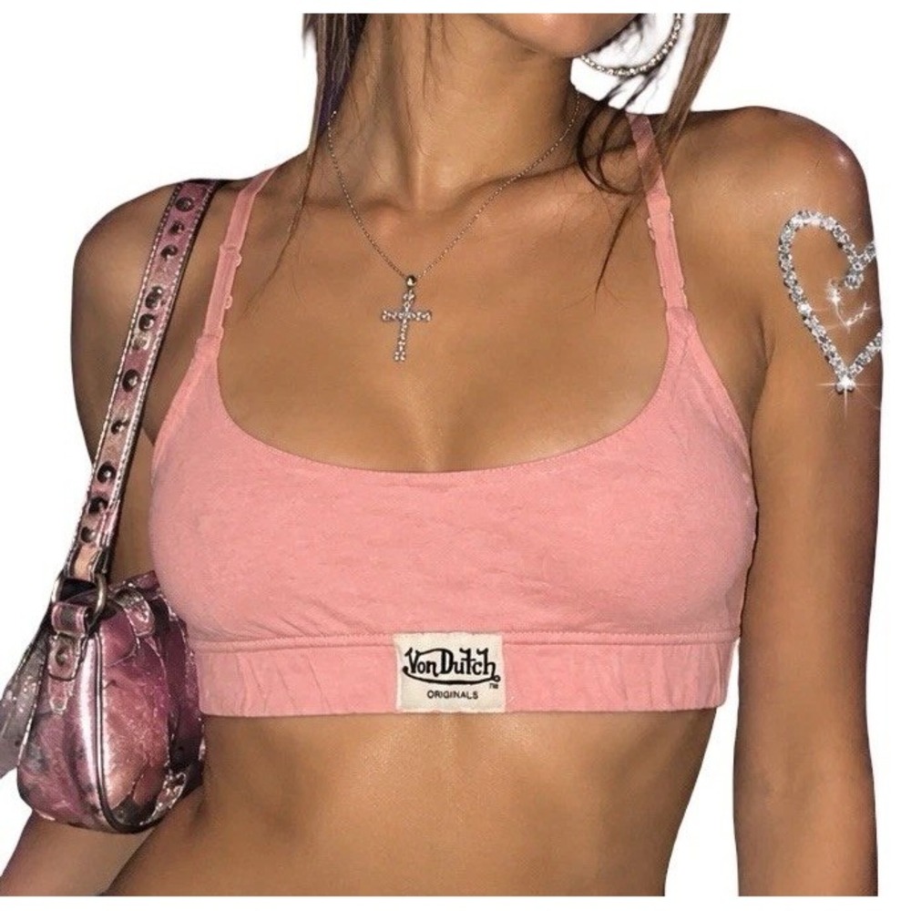 Vintage Von Dutch Womens M Pink Bralette Bra Top Y2K 2000s McBling 100% Cotton